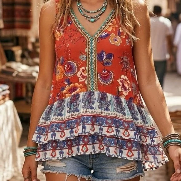Patrons of Peace Floral Boho Peplum Tiered Tank Top Babydoll Blouse Festival - Picture 1 of 4